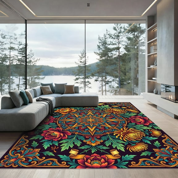 ODIKA 4' x 6' Machine Washable Non-Slip Area Rug, oriental floral High Traffic Rug, Black, 1279471