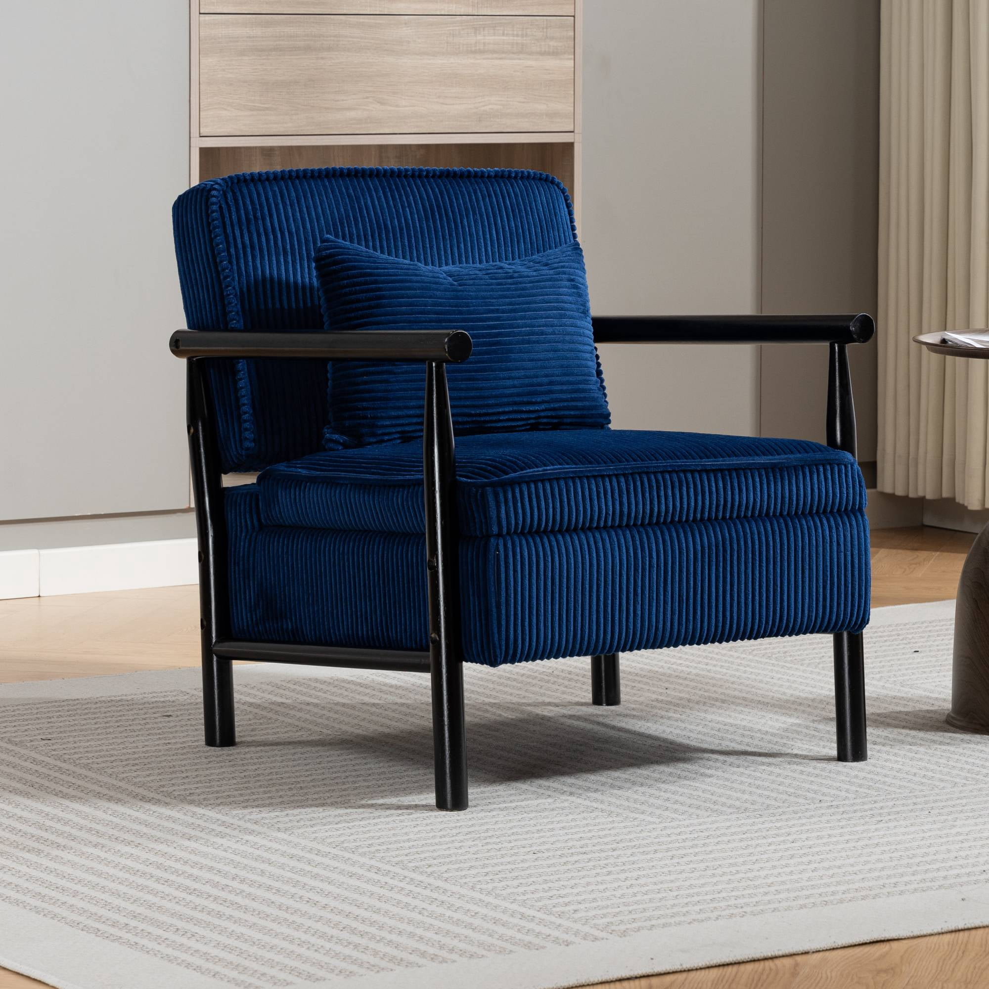Mid-Century Accent Chair with Storage, Modern Comfy Reading Armchair with Lumbar Pillow for Living Room, Blue