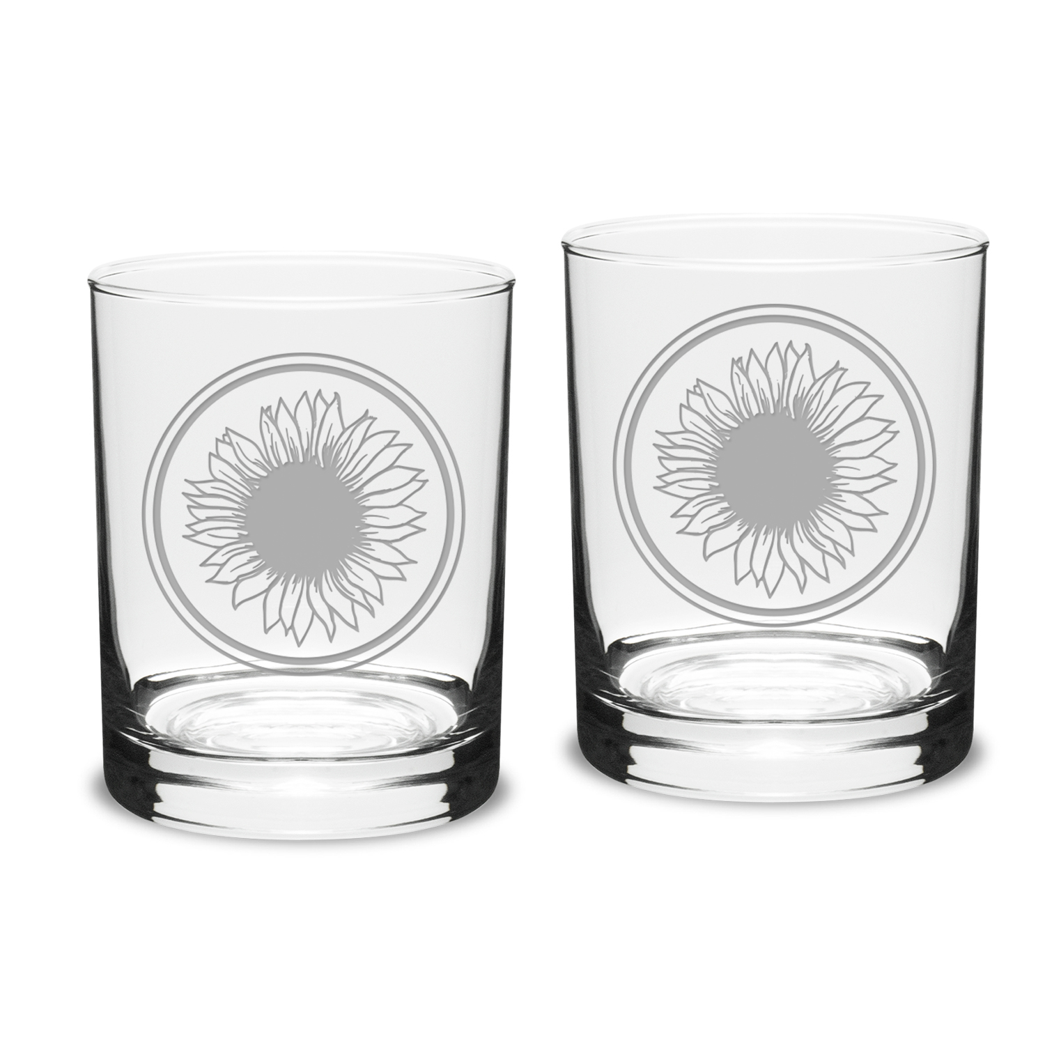 Sunflower Deep Etched Classic Double Old Fashion Glass Set of 2