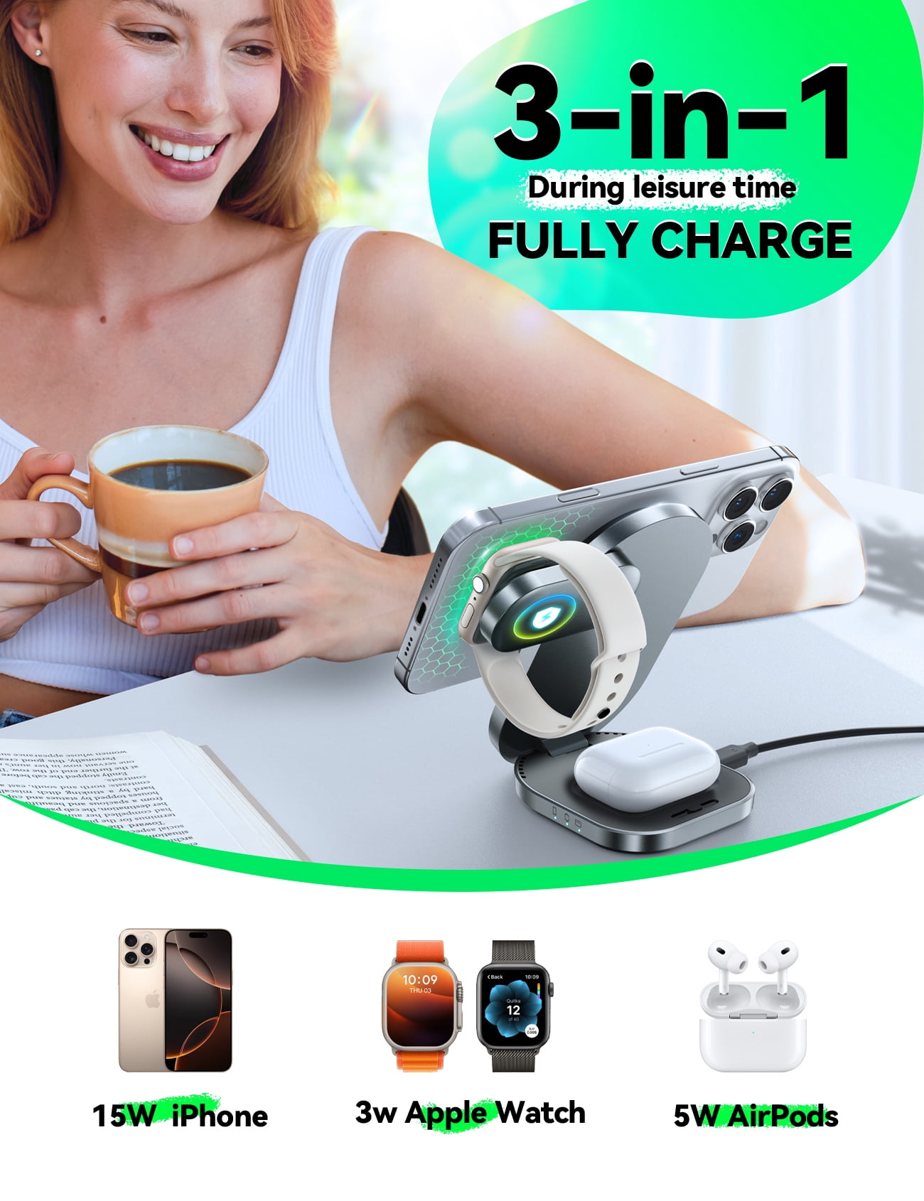 JOYROOM 3 in 1  Foldable Wireless Charger for Apple Devices, Qi2 Certified 15W Magnetic Fast Charging Station for MagSafe iPhone 17/16/15/14/13/12, Apple Watch, AirPods