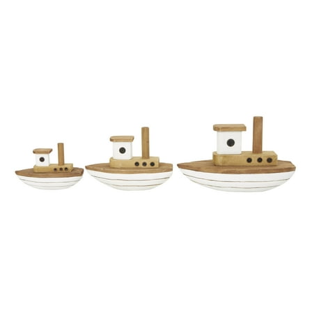 6", 5", 4"H Brown Wood Handmade Boat Sculpture with White Accents, by DecMode (3 Count)