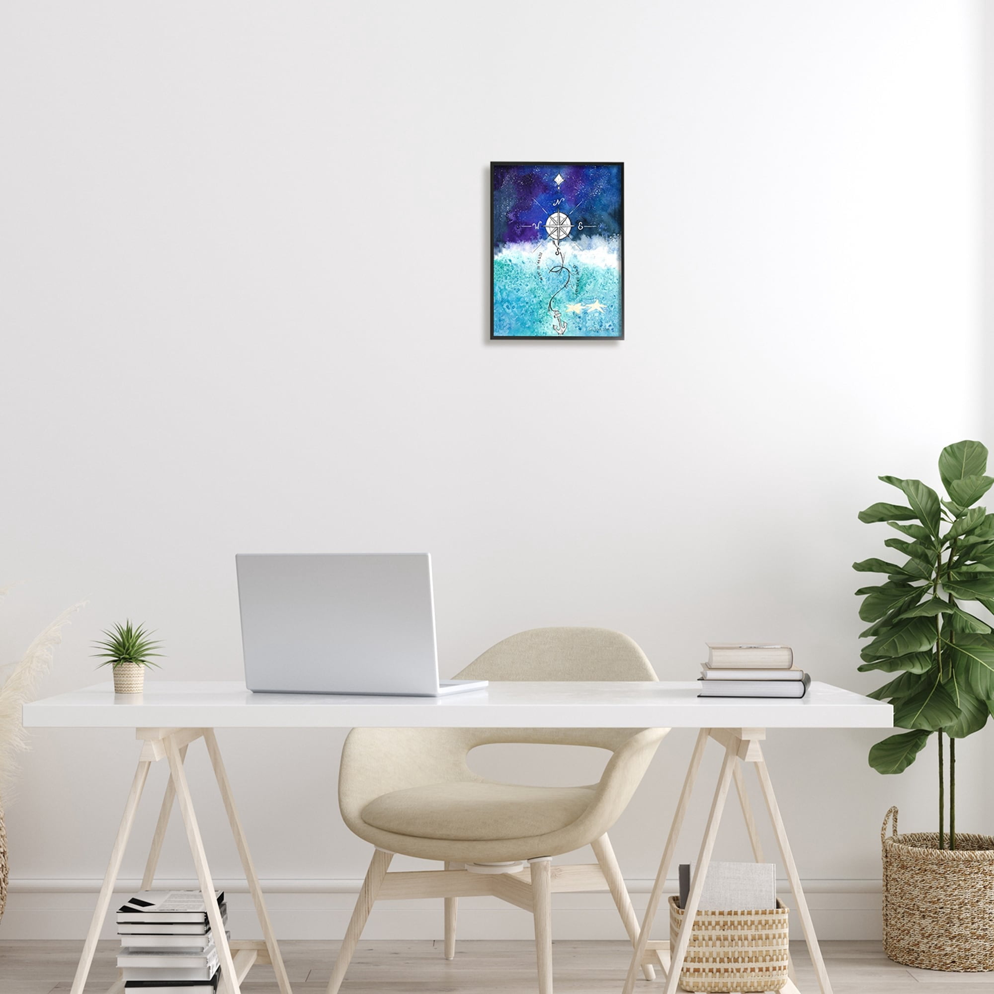 Night Sky Blue Ombre Ocean Waves Nautical Compass Anchor Coastal Painting Framed Art Print Wall Art