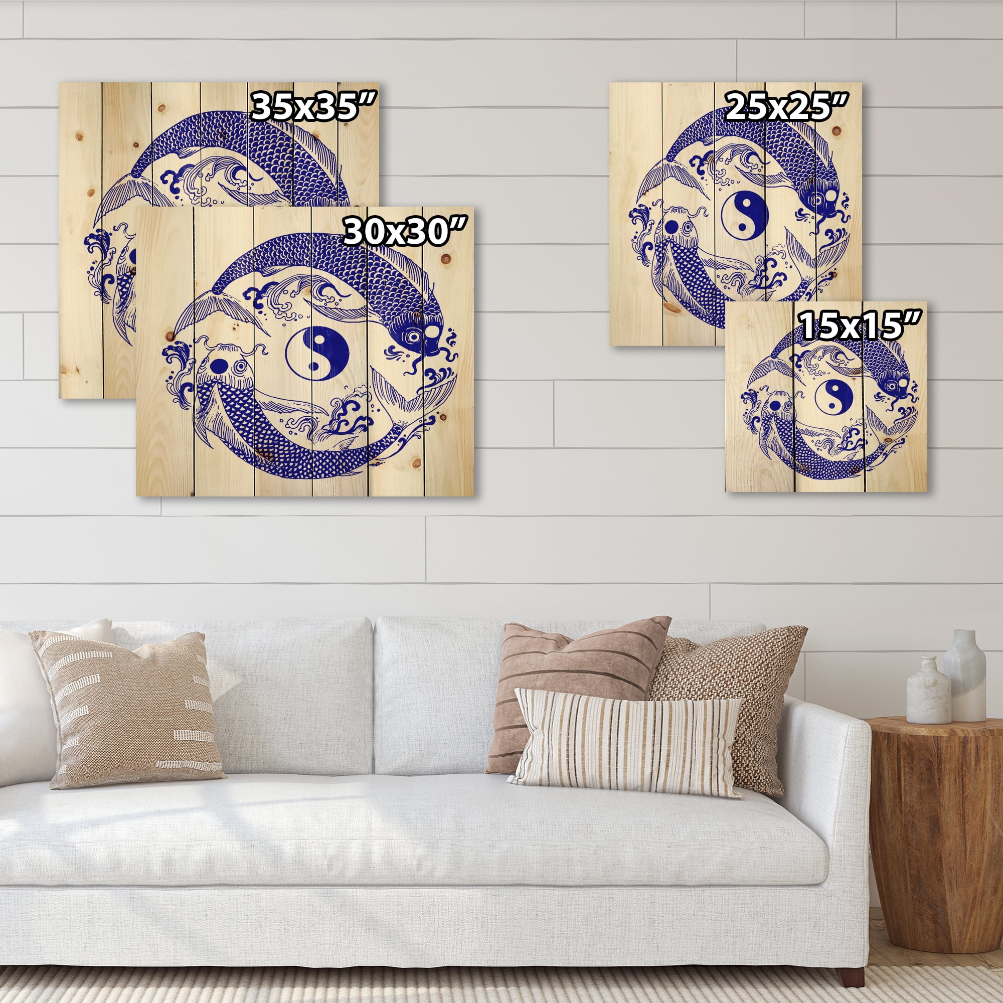 Designart 'Blue Chinoiserie Koi Fish II' Traditional Print on Natural Pine Wood