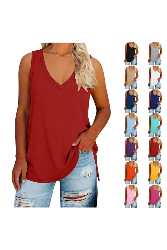 Women's Plus Size V Neck Tank Top, Sleeveless Side Slit Casual Tunic Summer Tops, Sizes 1X-5X