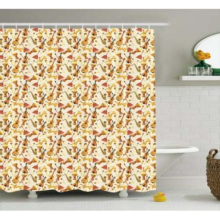 Bathroom Ensembles Sets Jazz Music Shower Curtain, Pattern with Horn Drum Guitar and Fiddlestick Folk Music Ensemble Instruments, Fabric Bathroom Set with Hooks, 69W X 70L Inches, Multicolor, by Ambesonne ()