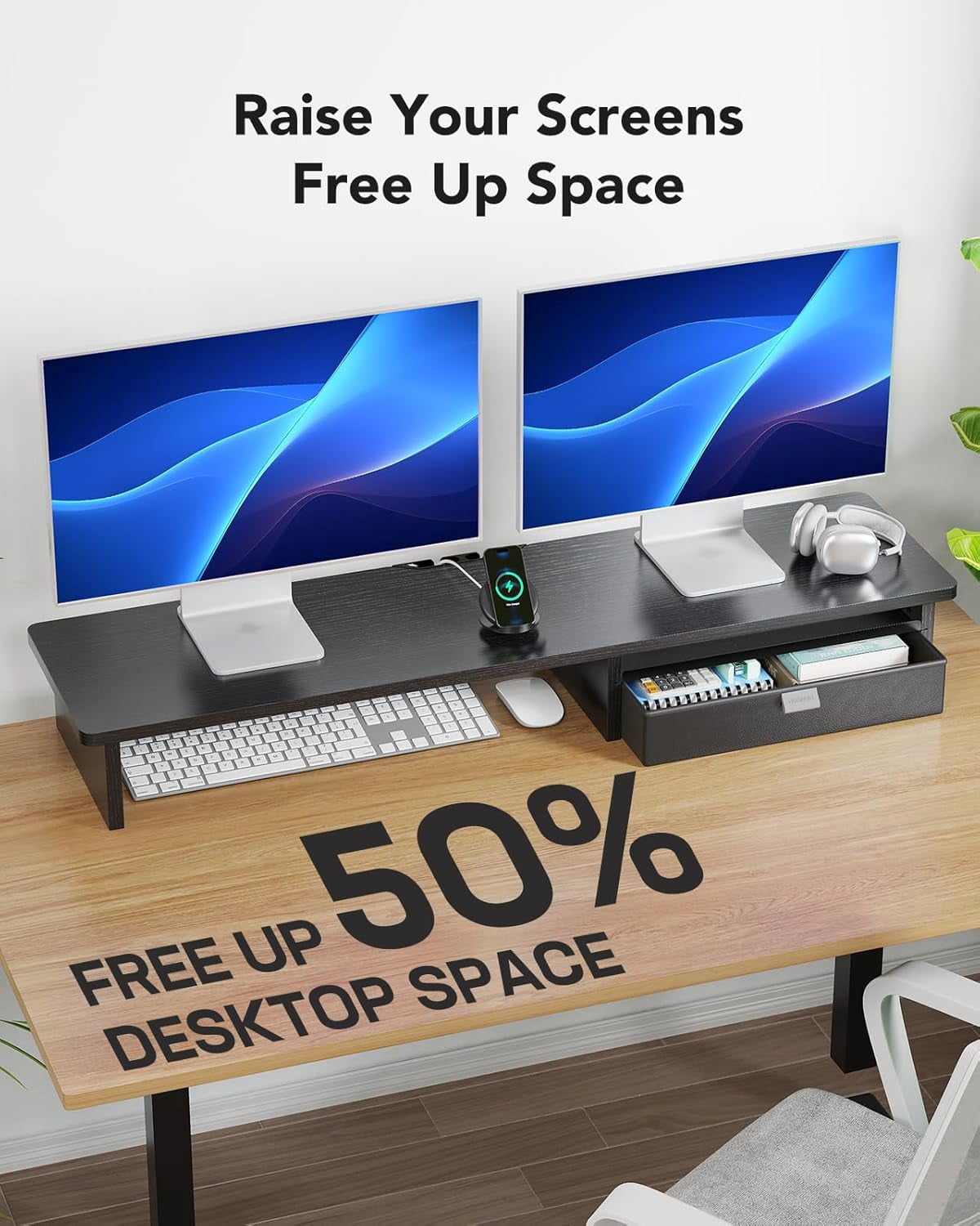 Large Dual Monitor Stand with Drawer - Wood Grain Riser for 2 Monitors up to 55", Storage & Cable Management, Ergonomic Desktop Organizer for Home Office