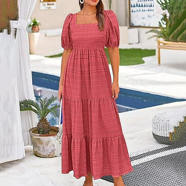 Puntoco Vestido De Bolsillo De Manga Corta Con Cuello Cuadrado Y Espalda Ahumada Para Mujer Rojo Xl,Regalos Para Mujer Joven