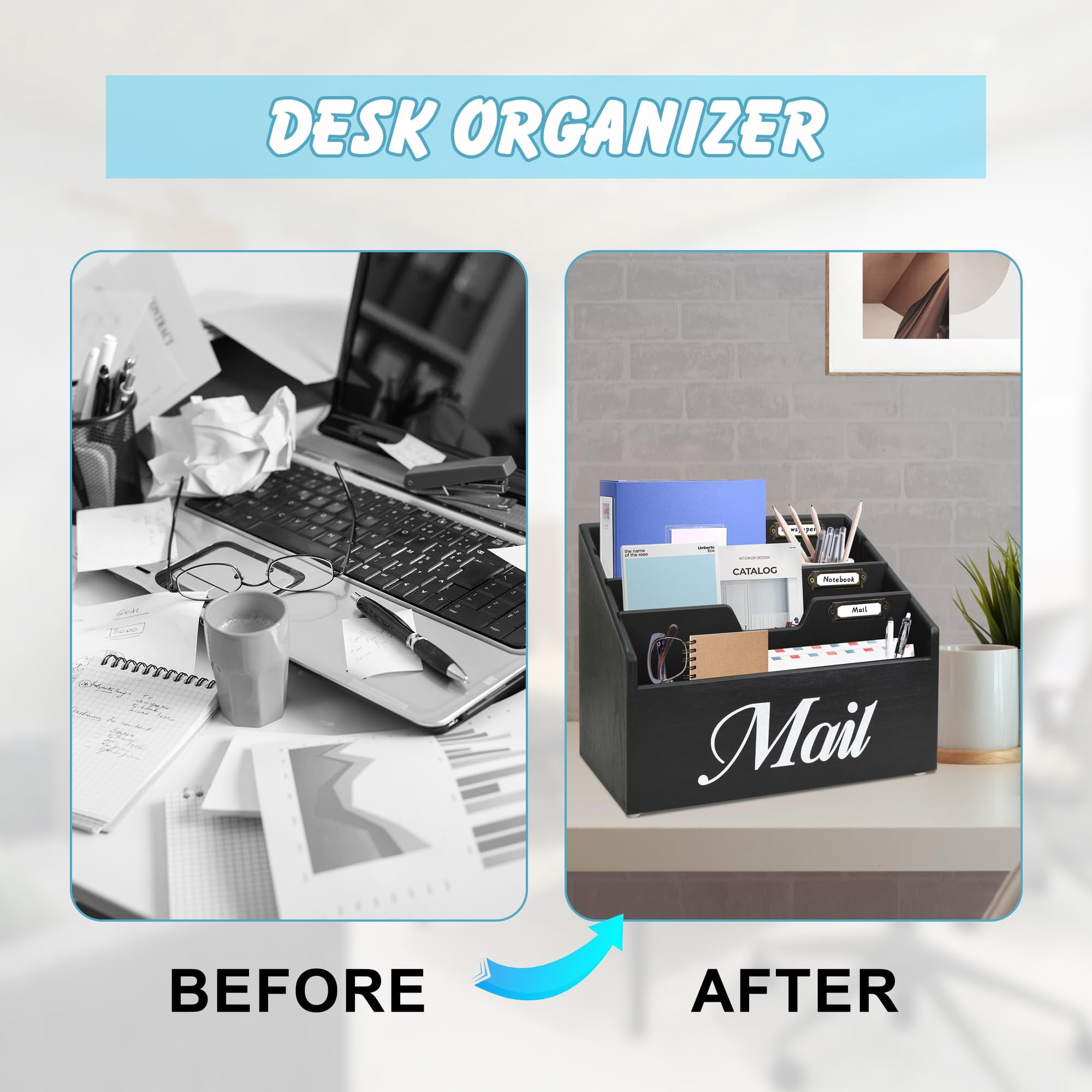 Rustic Mail Organizer for Desk, Mail Holder File Organizer Wall Mount, Office Accessories Mail Organizer Countertop with Removable Partitions, Desk Organizer for File Paper Folder, Black