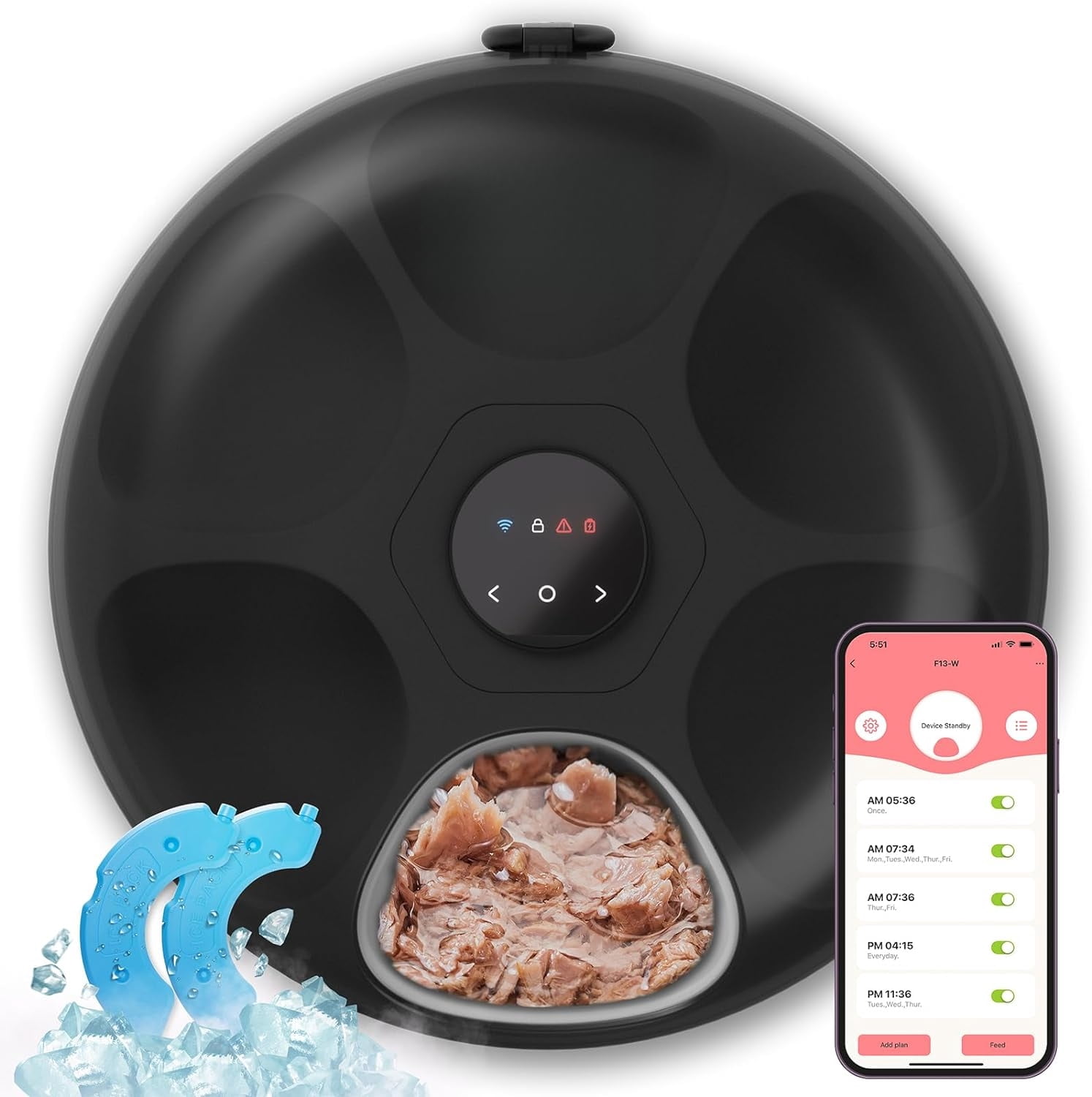 Donut Frost WiFi 6 Meal Automatic Cat Food Dispenser with App Control, Dry & Wet Food Automatic Cat Feeder, Smart Dog Feeder with Two Ice Packs, Programmable Timer