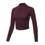 A2Y Women's Junior Fit Basic Solid Cropped Soft Cotton Long Sleeve Mock Neck Top Shirts Wine S