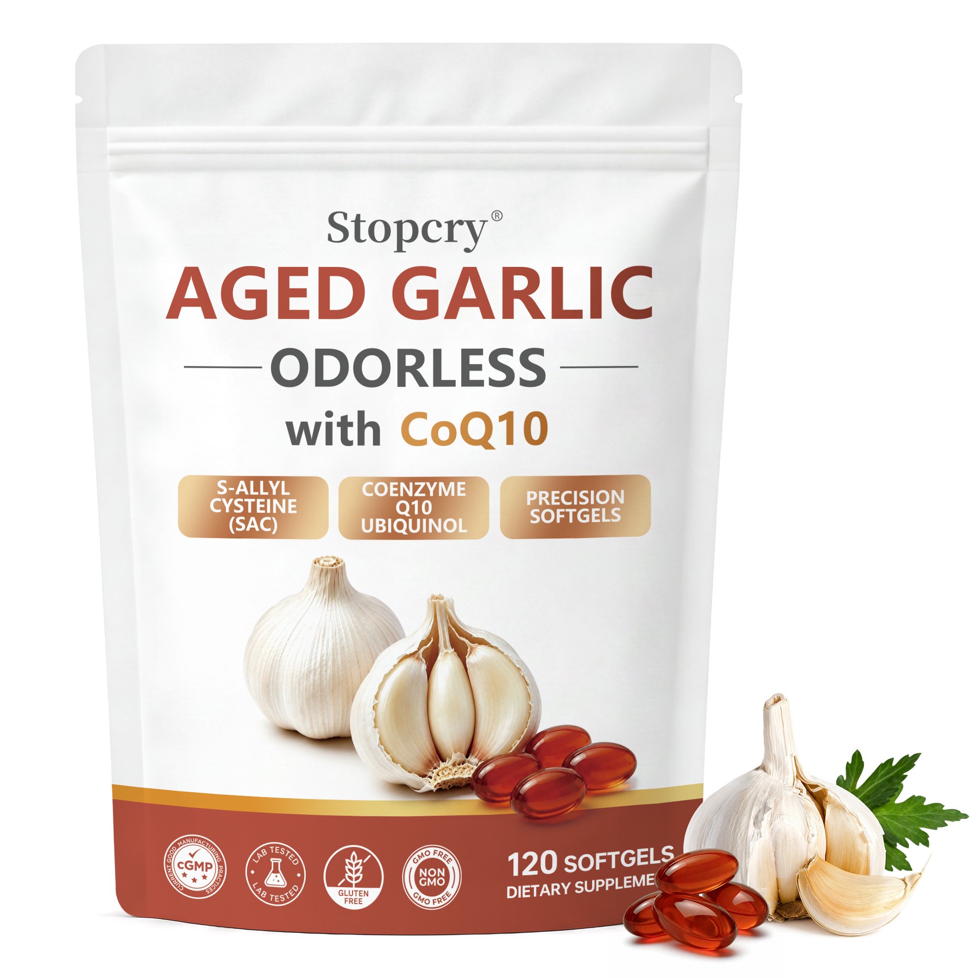 Stopcry Aged Garlic Extract 1200mg Supplement, Standardized for S‑Allyl Cysteine, Odorless Garlic with CoQ10 Ubiquinol 100mg & Vitamin K2 MK‑7, 120 Softgels
