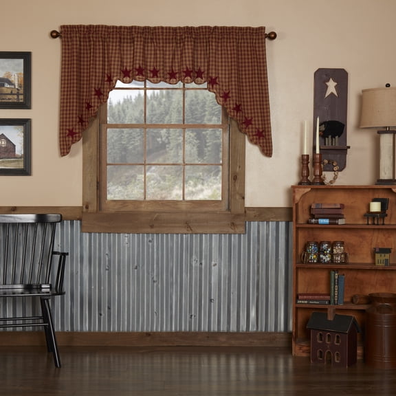 VHC Brands Burgundy Star Primitive Curtains for Kitchen Windows, Swag Set of 2, Red Checkered