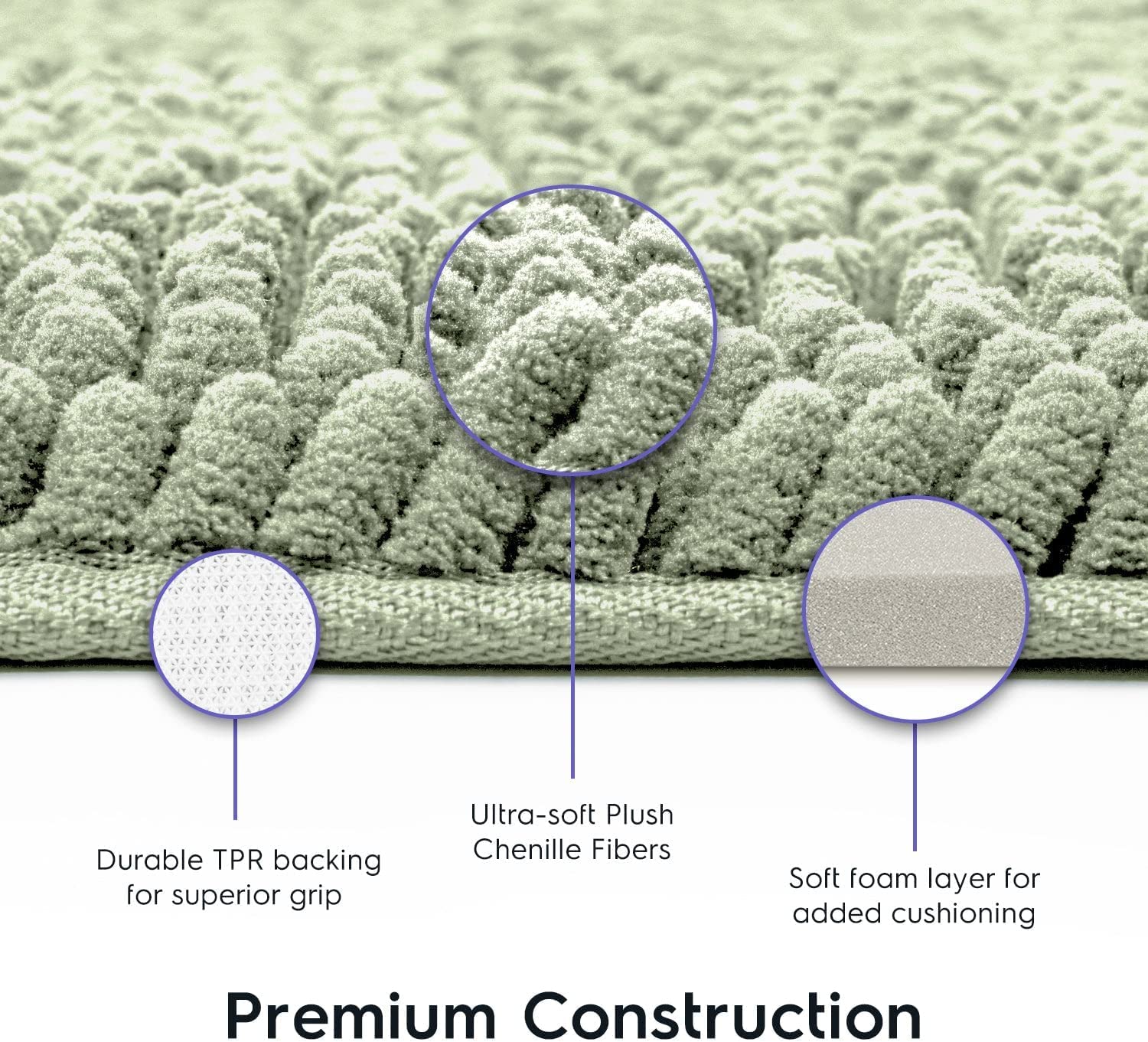 Bathroom Rugs, Extra-Thick Memory Foam Bath Mat, Ultra-Soft Chenille Microfiber, Highly Absorbent, Machine Washable, Shaggy Bath Mats for Bathroom, Non-Slip (21"x32") Sage Green