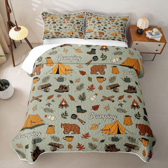 Erosebridal Happy Camping Adventure Twin Quilt Set,Rustic Cabin Jungle Bear Twin Coverlet Set For Kids,2 Pieces