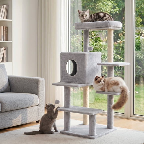 Sturdy Cat Tree: 40-Inch Indoor Cat Tower with Steps for Easy Climbing, Hiding Caves, Scratching Posts & Toys, Perfect for Big Cats