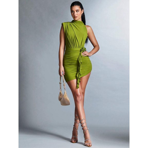 Green Asymmetrical One-Shoulder Ruched Mini Dress With 3D Flower Detail