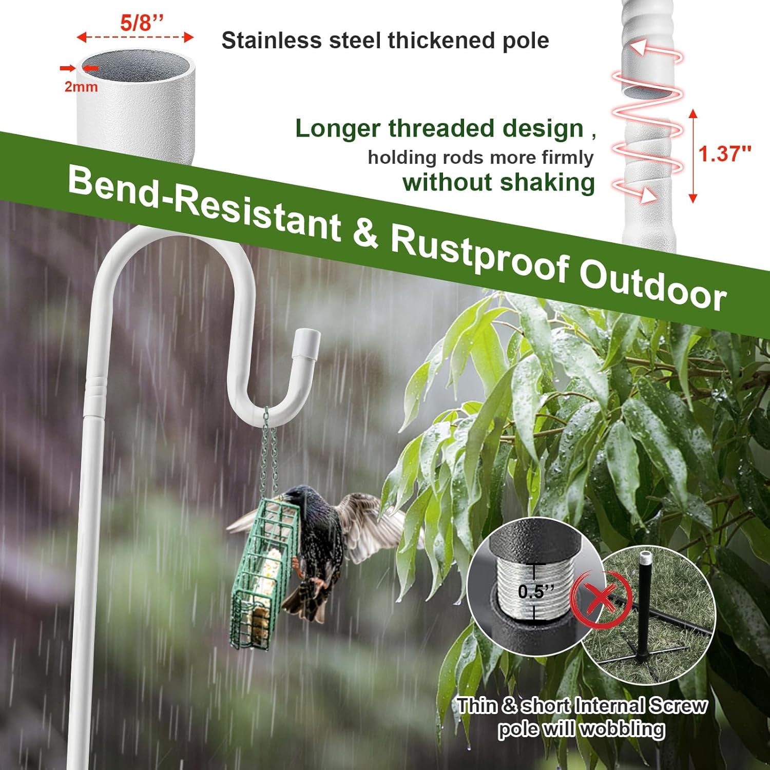 Bird Feeder Pole with Shepherds Hook - Heavy Duty Hummingbird Stand 5 Prong,78" Adjustable Rustproof Garden Hooks Outdoor for Hanging Birdfeeder,Wind Chimes,Lanterns,Solar Lights,White