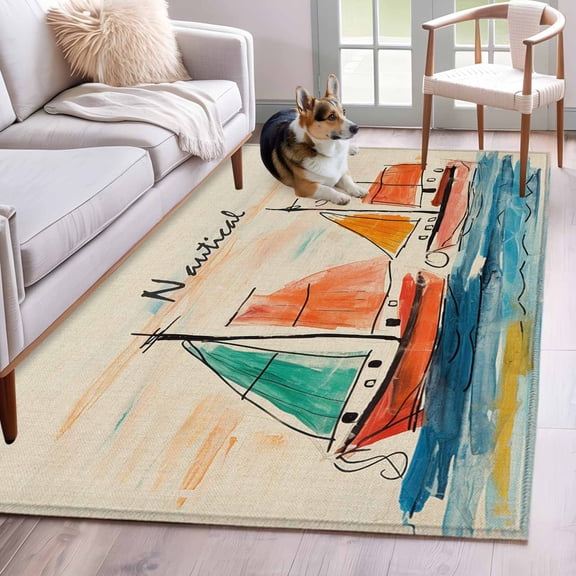 Nautical Boat, Runner Rug 2.7x5 FT, Non Slip Entryway Carpet, Coastal Sailing Ship Ocean Painted Sea Washable Soft Floor Carpet Entrance Mat Non-Shedding Throw Rug for Hallway Laundry Room Bedside