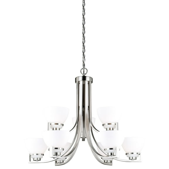 Metropolis 9 Light 2 Tier Satin Nickel Chandelier White Glass
