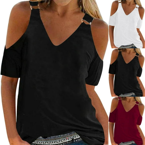 Jacenvly 2024 short sleeve summer shirts for women Fashion Women Summer T-Shirt Shirt Cold Shoulder Pullover Blouse Solid Tops Quick drying Off Shoulderv neck t shirts plus size tops White