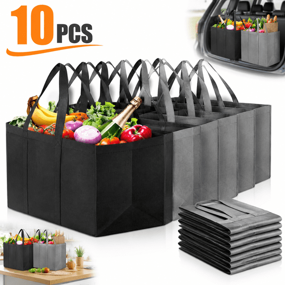Genreen 10 Pack Heavy Duty Reusable Grocery Bags, Large Foldable Shopping Totes with Long Reinforced Handles, Holds 50lbs, Bulk Eco Friendly Storage Bags for Groceries (Grey & Black)
