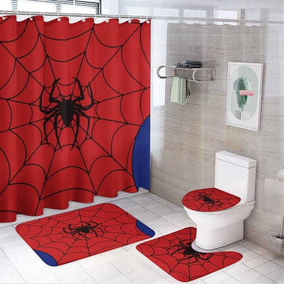 Red Spider Web Black Cartoon Shower Curtain Bathroom Sets Toilet Lid Rug, Bath Mat And Contour Mat, Shower Curtain 4Pcs