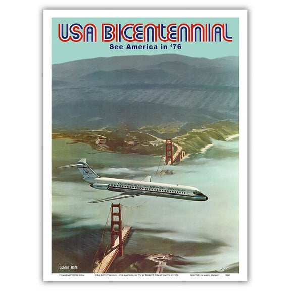 USA Bicentennial - Golden Gate Bridge - See America in ‘76 - McDonnell Douglas DC-9 - Vintage Airline Travel Poster by Robert Grant Smith c.1976 - Master Art Print (Unframed) 9in x 12in