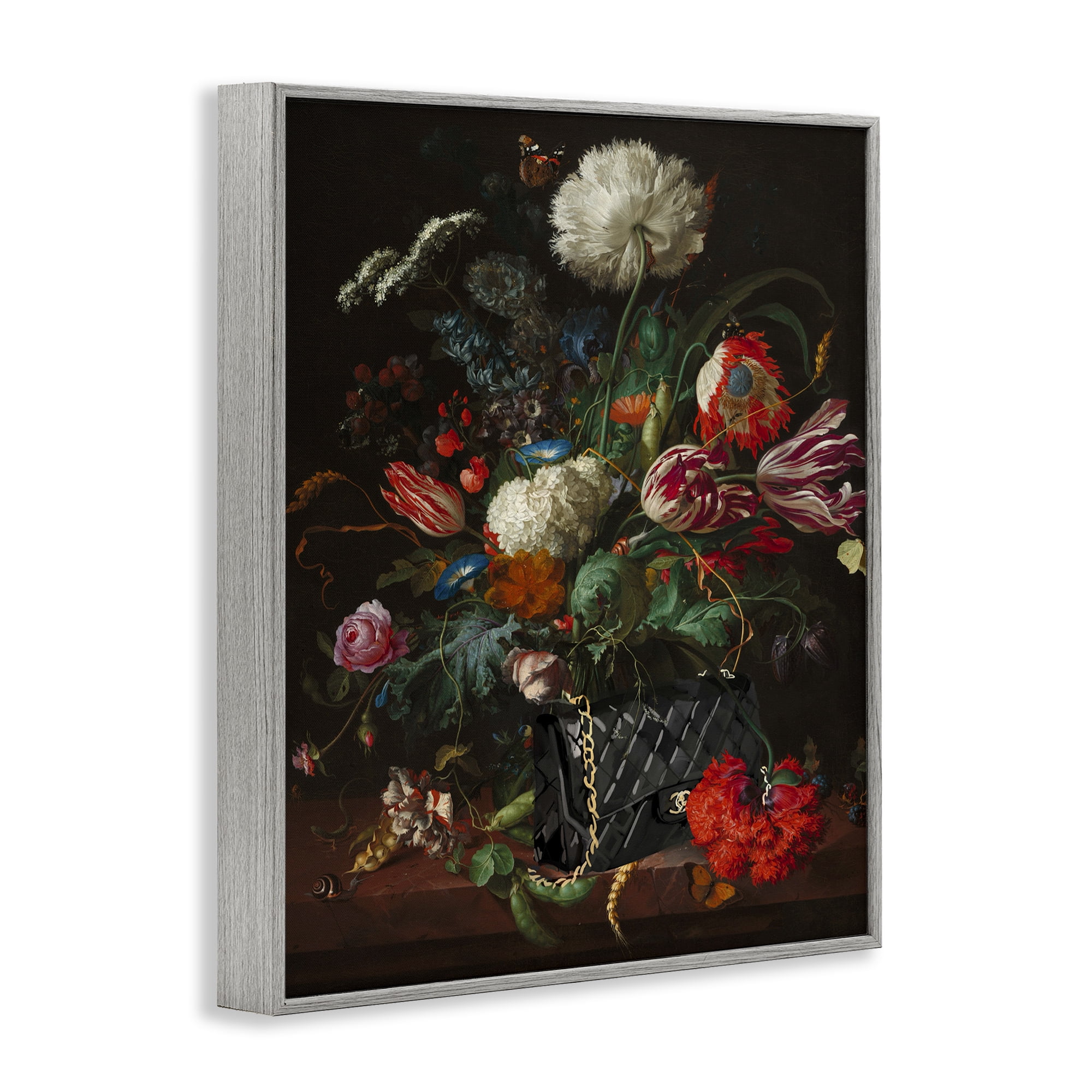Stupell Industries Vintage Bouquet with Purse Botanical & Floral Painting Gray Framed Art Print Wall Art, 11 x 14
