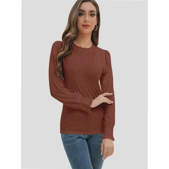 Long Sleeve Shirts Womens Pleated Business Casual Blouses with Smocked Cuffs