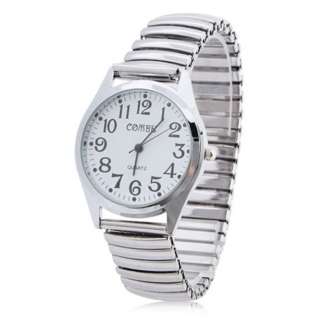 Luxury Men's Silver Elastic Alloy Strap Analog Quartz Wrist Watch Delicate Women Fashion Silver-Tone Bracelet Watch White Dial Easy to