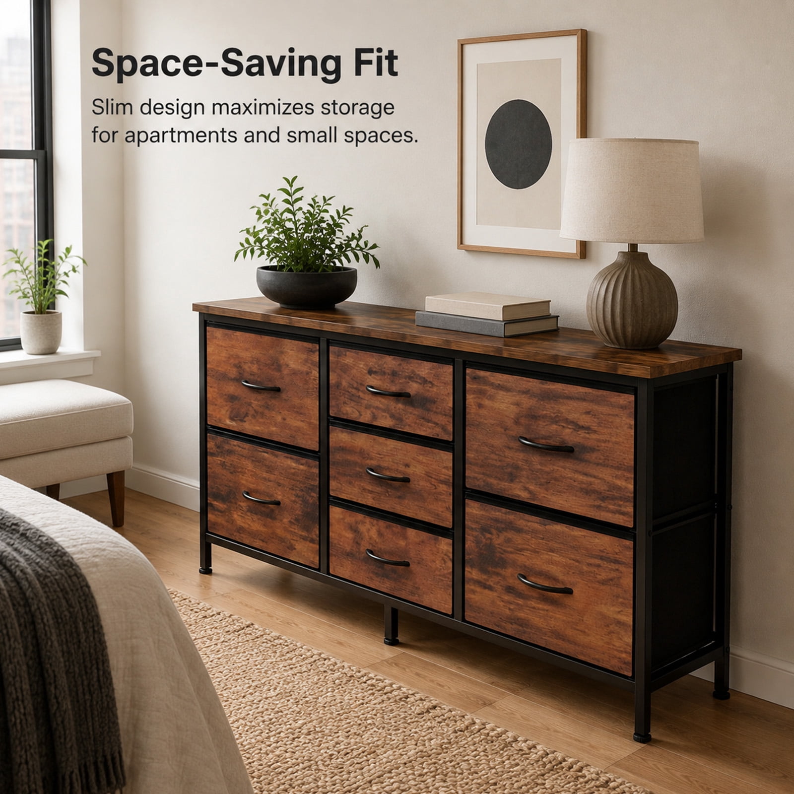 Alvantor 7 Drawer Fabric Dresser, Clothes Organizer Storage Tower for Bedroom, Chest of Drawers with Wooden Top, Metal Frame for Bedroom TV Stand