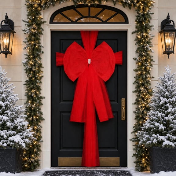 Large Red Christmas Door Frame Bow, 23.6x31.5 Inch Mesh Ribbon Decoration with 19.7x295 Inch Wrapping Strap