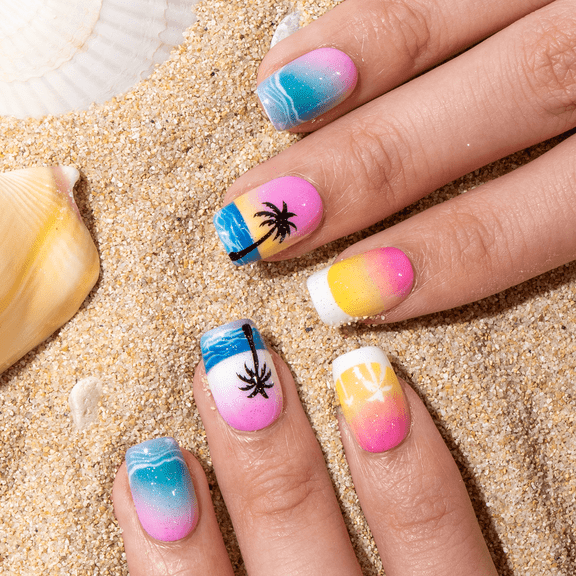 Curvlife short squoval striped Press On Nails blue glossy shiny patterns prints for summer Easy Apply Nail Art