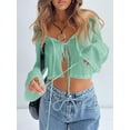 thumbnail image 2 of Women's Bell Sleeve Tie Front Scoop Neck Long Sleeve Blouses Knit Crop Tops, 2 of 5