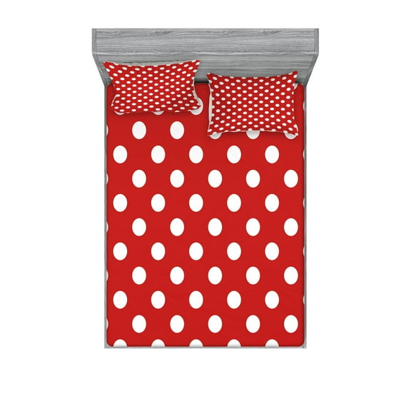 Ambesonne Retro Fitted Sheet & Pillow Sham Set, Polka Dots Circular Forms, Full, Vermilion