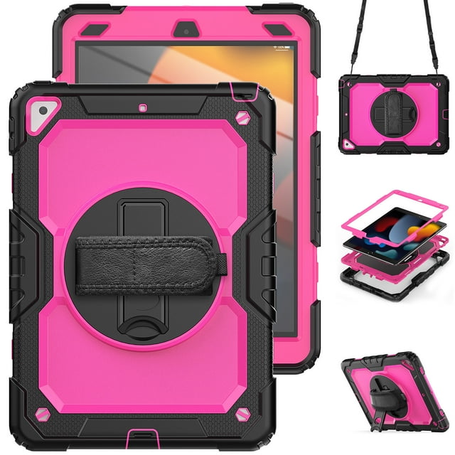 Case for iPad Air 3rd Generation 2019/iPad Pro 10.5 Inch 2017 with Screen Protector, 360 Degree Rotating Kickstand Hand Strap Heavy Duty Shockproof Cover with Shoulder Strap, Rose PC