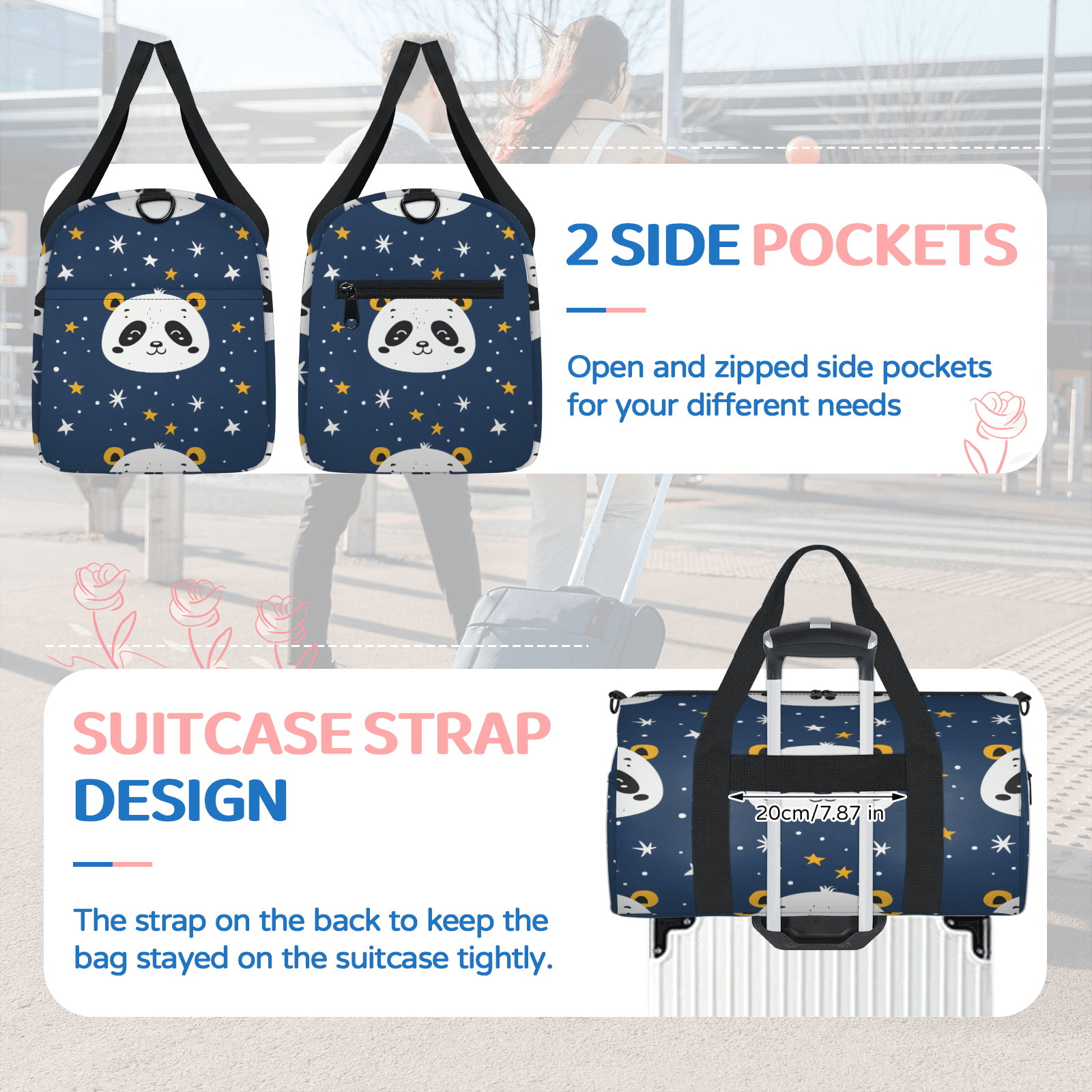 Herdesigns Pandas Gym Bag for Women, Duffle Bag for Travel Sport, Star Lightweight Waterproof Carry on Weekender Dance Yoga Workout Bags