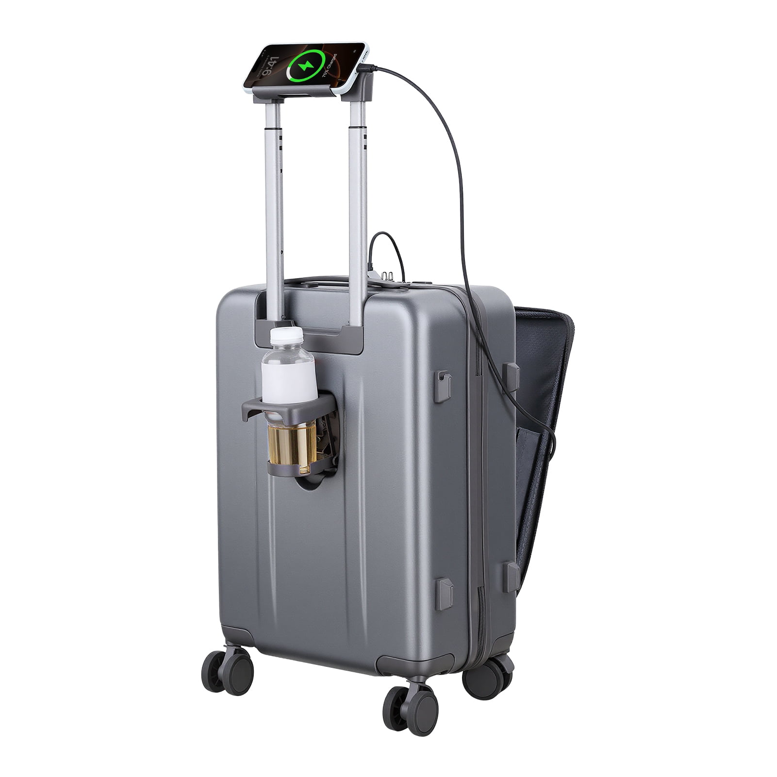 Sioweci 20 Inch Carry-On Luggage with Front Laptop Pocket, USB Charger Port & Cup Holder,360 Degrees Spinner Wheels, Side Hook, Phone Stand , TSA Lock, Suitcase,Dark Gray