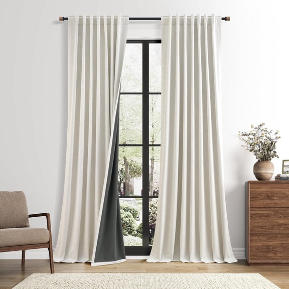 100% Blackout Linen Curtains 96 Inches Long Natural Black Out Curtain 2 Panels Set for Bedroom Living Room Back Tab Thermal Insulated Drapes Darkening W50 X L96 Cream Ivory