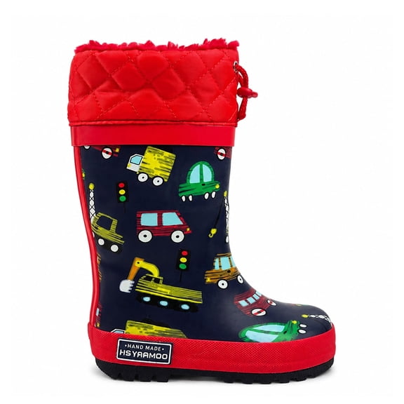 HSYAAMOO Kids Warm Lined Rain Boots With Drawstring – Waterproof Rubber Rain Boots For Boys, Non-Slip Wellies With Car & Truck Pattern