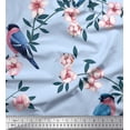 thumbnail image 1 of Soimoi Blue Georgette Viscose Fabric Peach Floral & American Robin Bird Print Fabric by The Yard 44 Inch Wide, 1 of 3