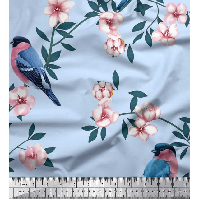 Soimoi Blue Rayon Fabric Peach Floral & American Robin Bird Decor Fabric Printed BTY 58 Inch Wide