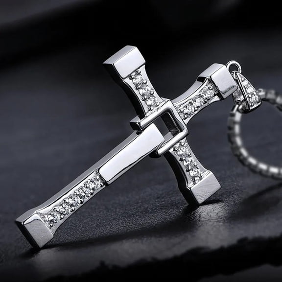 Inspired by Fast & Furious Dominic Toretto Crystal Cross 14K White Gold Filled Pendant Necklace for Men, Religious Movie Fan Jewelry Gift