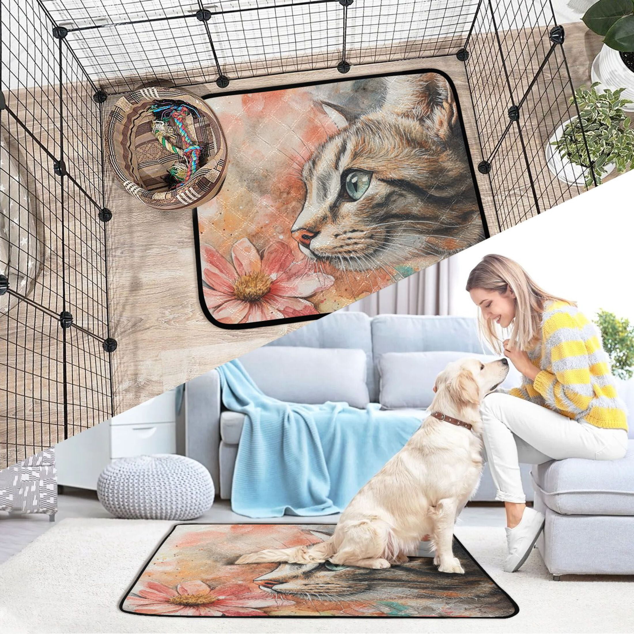 Qxltty Tabby with Flower Cat litter Pads Pet Set of 2 Diaper Mats Center Anti-leakage Layer Absorbent Soft and Comfortable