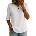 thumbnail image 2 of Women's V Neck 3/4 Sleeve Henley Top, Button Detail Casual Loose Tunic Blouse, Solid Color Elbow Sleeve Shirt for Daily Office Casual Wear 09-White XXL, 2 of 5