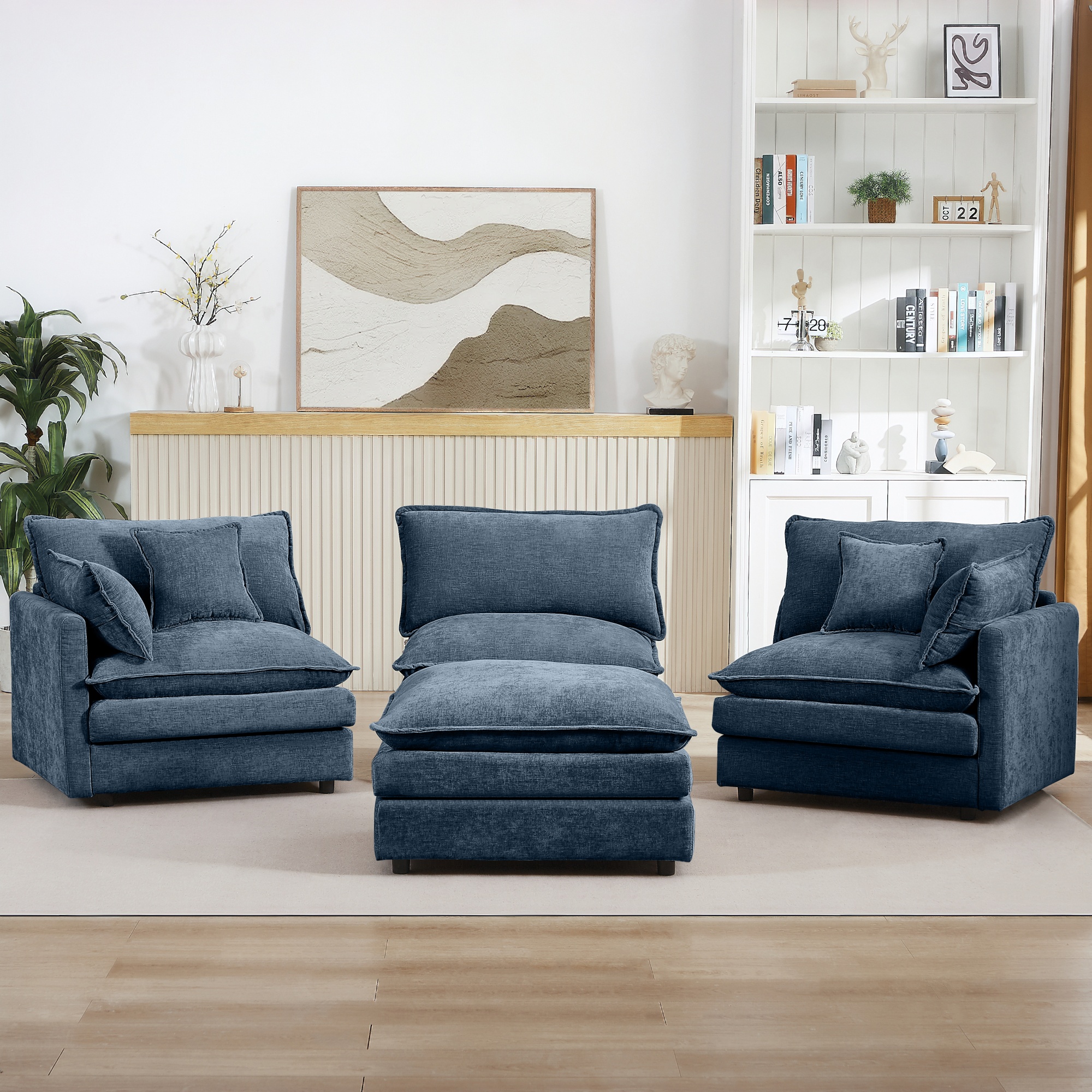 BINBANK Sectional Modular Sofa L Shaped Chenille Fabric Couch with High Supportive & Soft Sponges and Removable Ottoman, Sleeper Comfy Upholstered Furniture for Living Room,3-Seater,Blue