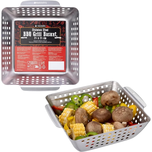 Navaris Panier à Griller en Acier Inoxydable - 8.3"x8.3" (21x21cm) Poêle à Griller avec Design Robuste et Distribution Parfaite de la Chaleur pour de Meilleurs Résultats - Facile à Utiliser et à Nettoyer pour Tout Gril
