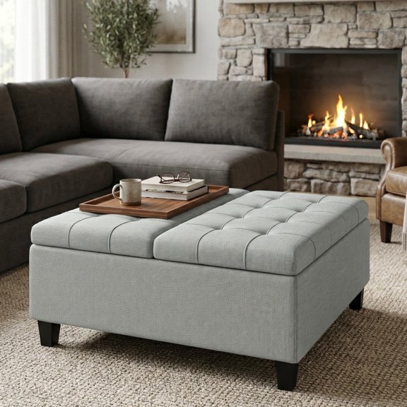 Simpli Home Harrison 36W Square Split Lift Top Storage Ottoman