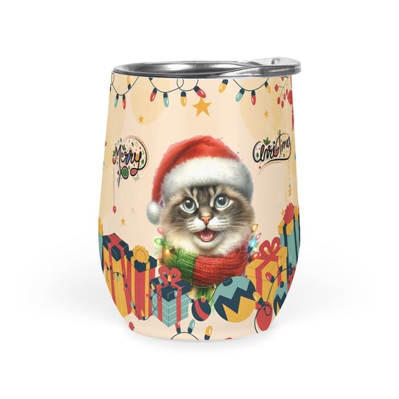Merry Christmas Santa Ragdoll Scarf Twinkling Lights Xmas Holiday 12oz Stainless Steel Wine Tumbler Insulated Cup with Lid Cat Lover Kitten Owner Gifts Idea - 00022