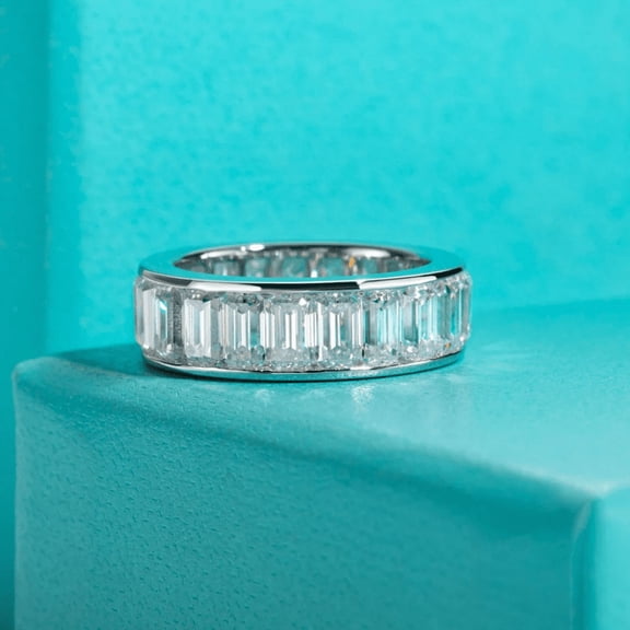 Silvago Jewel 3.7 Ct Emerald Cut Lab Created Diamond Engagement Band - Diamond Anniversary Gifts Wife - Stamped 14k White Gold Over Diamond Band for Women's - Diamond Channel Set Wedding Band